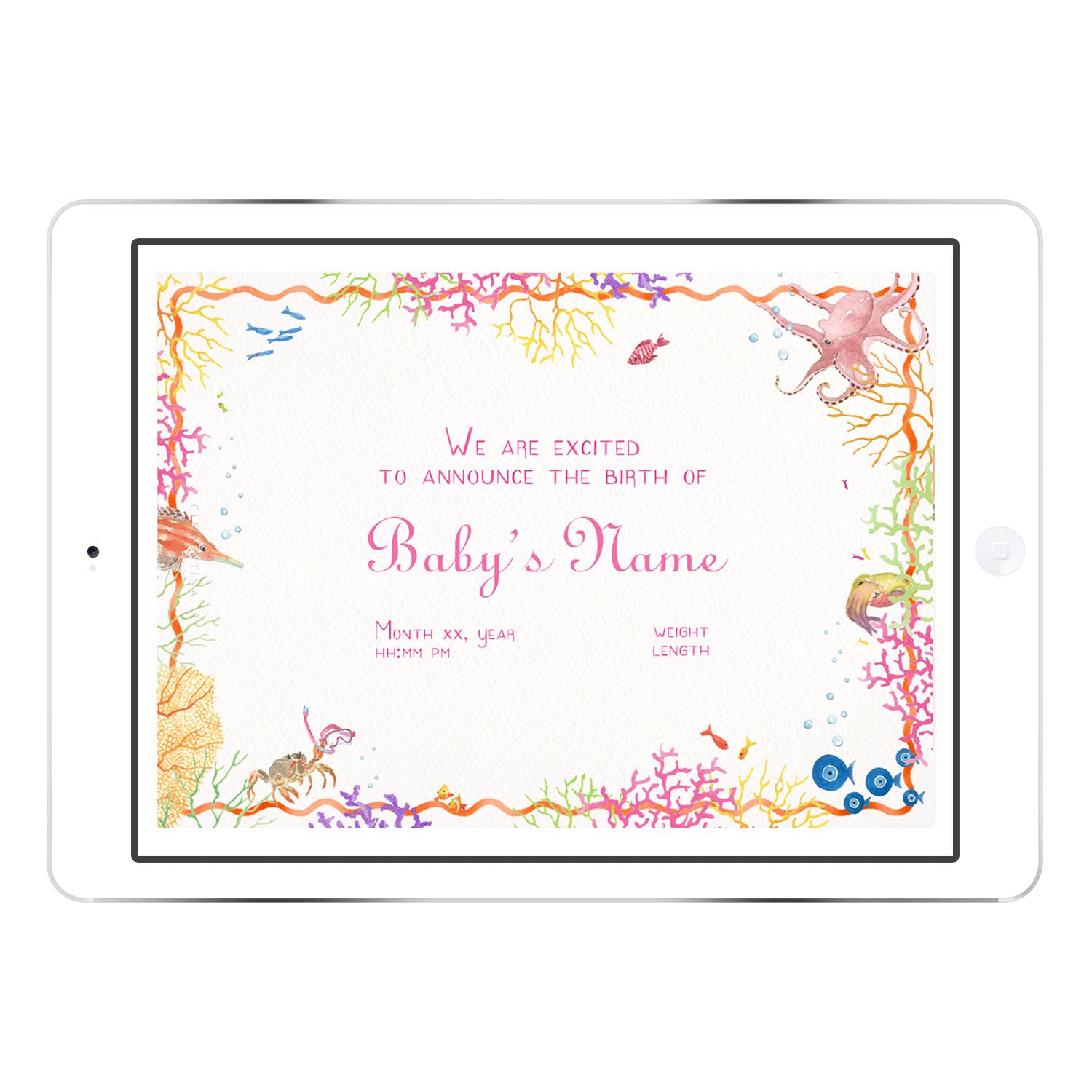 Blank Coral Reef digital birth announcement template from Clementina Sketchbook with warm-toned coral and seashell illustrations and pink script, ready for personalised baby details.