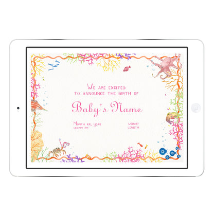 Blank Coral Reef digital birth announcement template from Clementina Sketchbook with warm-toned coral and seashell illustrations and pink script, ready for personalised baby details.