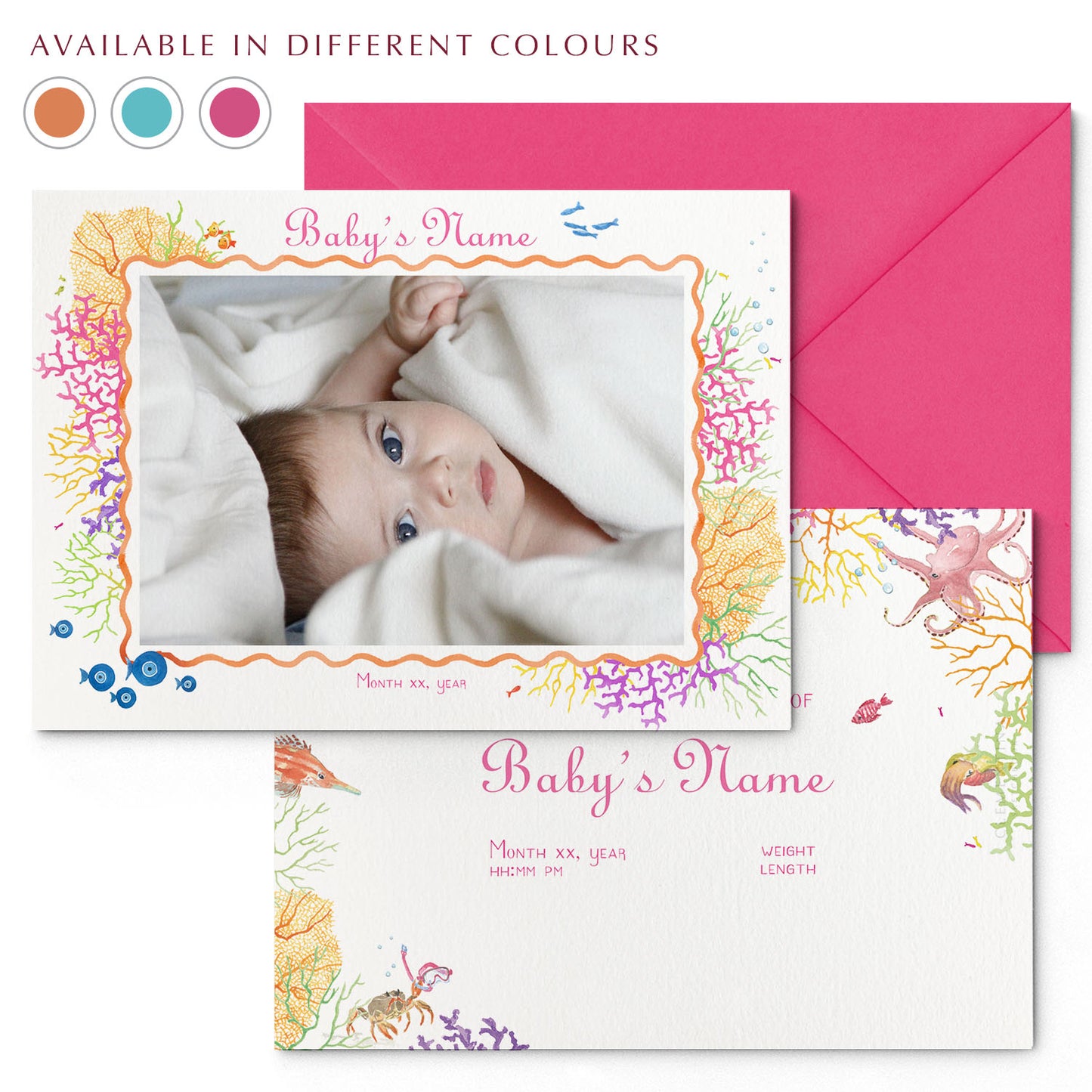 Image of both sides of Clementina Sketchbook's coral reef printed birth announcement with a reef border, personalised text, space for a baby photo to be stuck and a bright pink envelope. In the corner of the image is a colour wheel showing the different colours the personalised birth announcement is available in: orange, blue and pink.