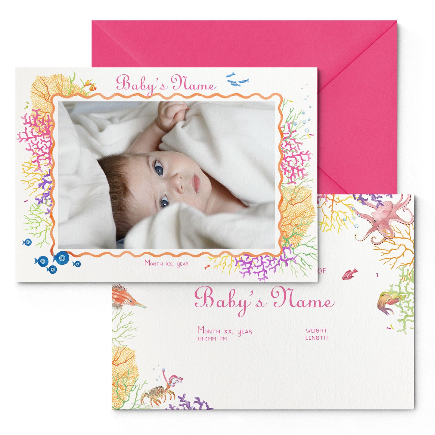 Image of both sides of Clementina Sketchbook's coral reef printed birth announcement with a reef border, personalised text, space for a baby photo to be stuck and a bright pink envelope.