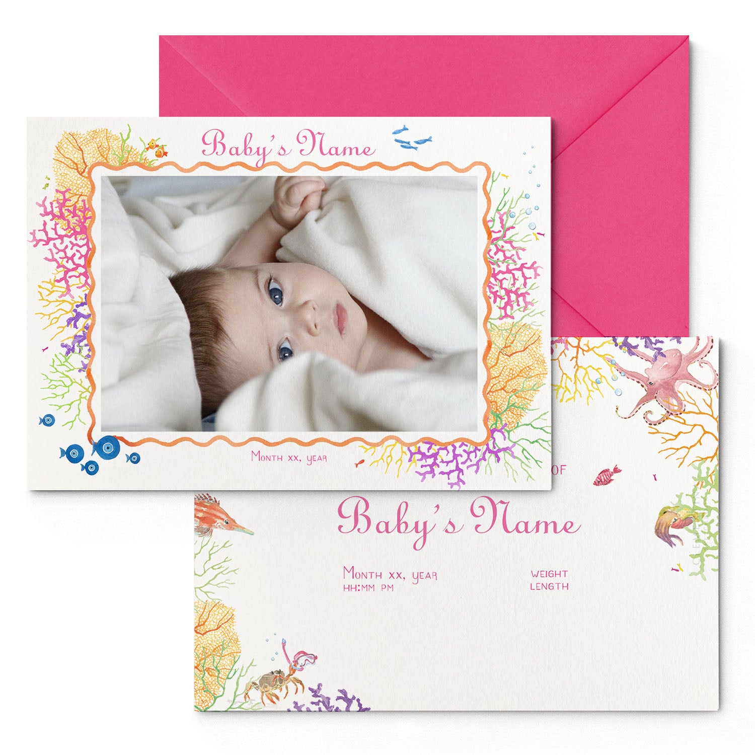 Image of both sides of Clementina Sketchbook's coral reef printed birth announcement with a reef border, personalised text, space for a baby photo to be stuck and a bright pink envelope.