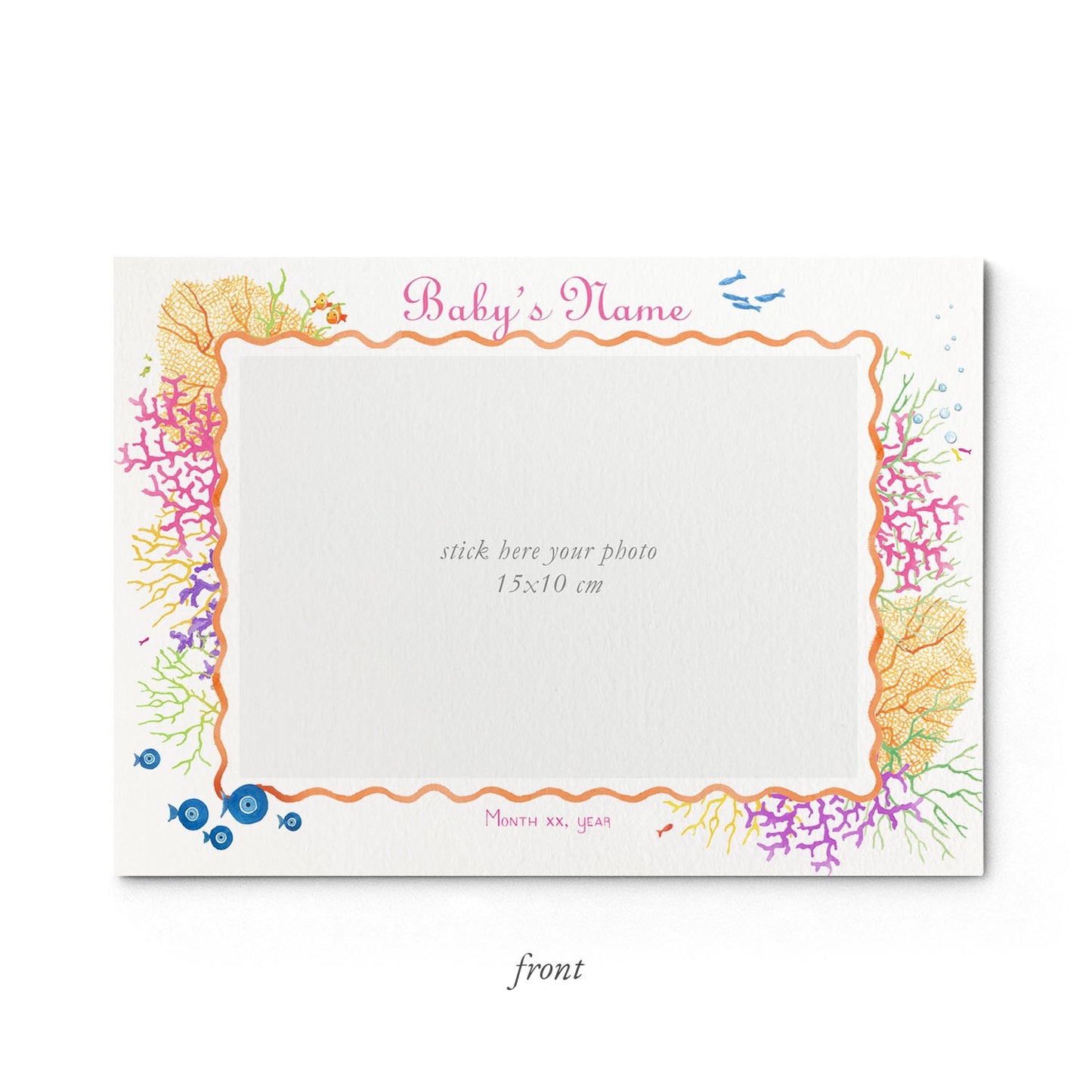 Image of the front of Clementina Sketchbook's coral reef printed birth announcement with a reef border and space for a baby photo to be stuck.