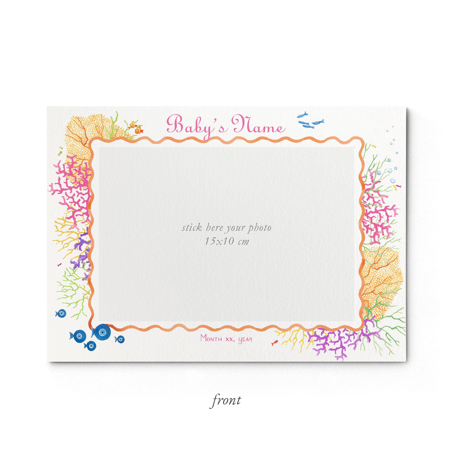 Image of the front of Clementina Sketchbook's coral reef printed birth announcement with a reef border and space for a baby photo to be stuck.