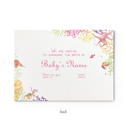 Image of the back of Clementina Sketchbook's coral reef printed birth announcement with a reef border and space for personalised text.