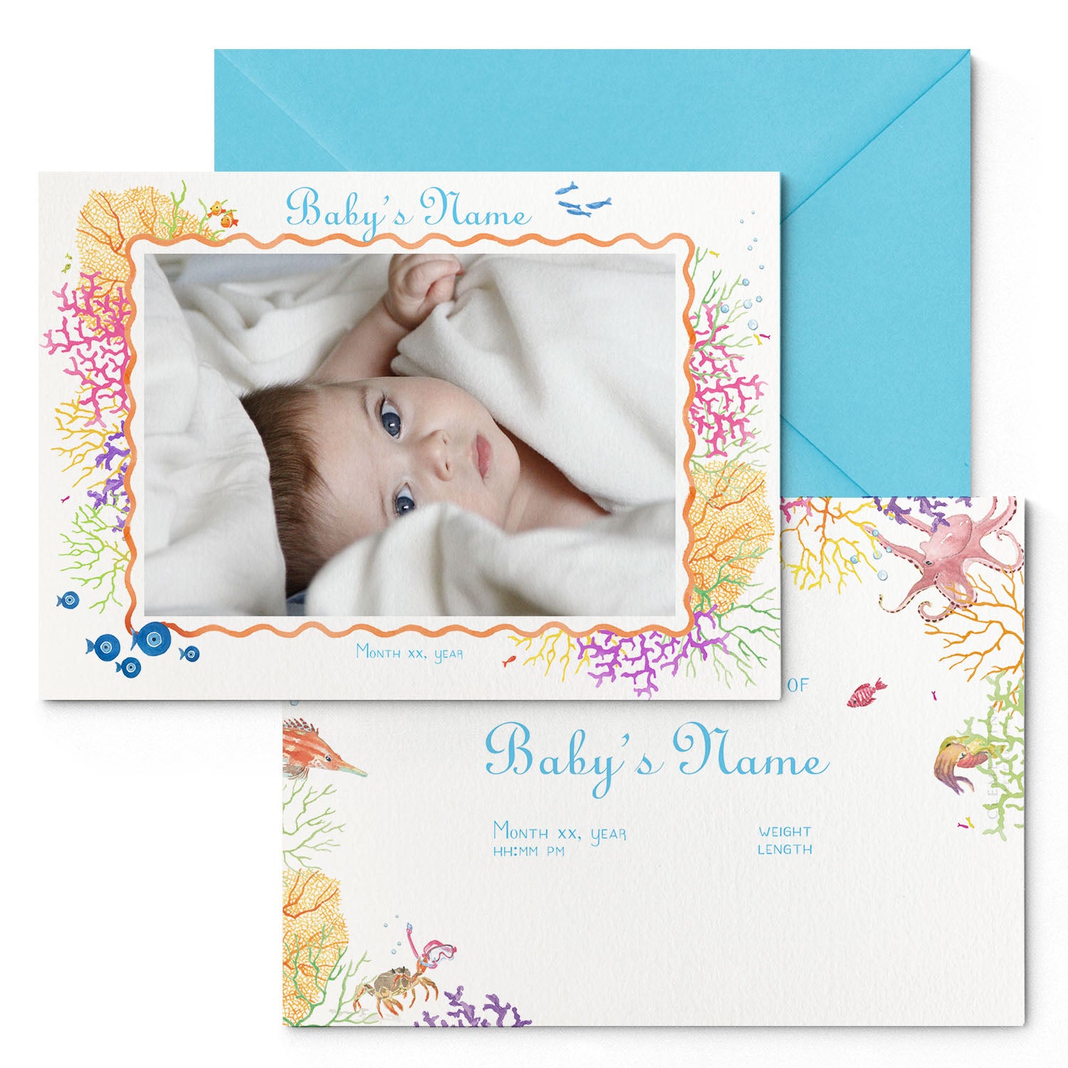 Image of both sides of Clementina Sketchbook's coral reef printed birth announcement with a reef border, personalised text, space for a baby photo to be stuck and a blue envelope.