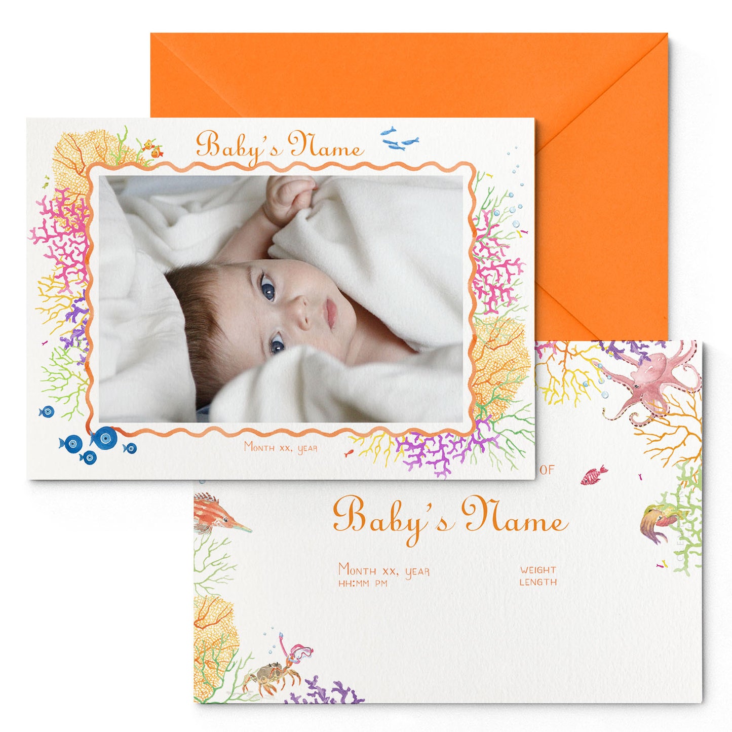 Image of both sides of Clementina Sketchbook's coral reef printed birth announcement with a reef border, personalised text, space for a baby photo to be stuck and an orange envelope.