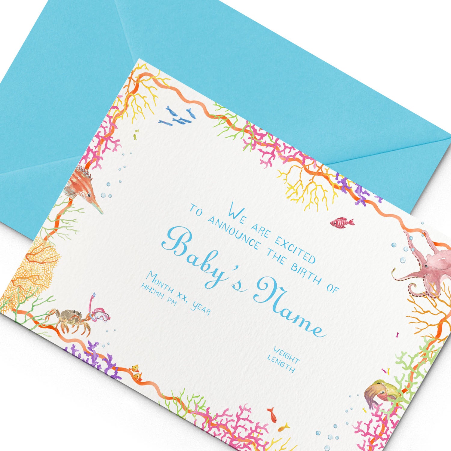 Image of Clementina Sketchbook's coral reef printed birth announcement, with a multicoloured coral border, blue personalised text and a blue envelope.
