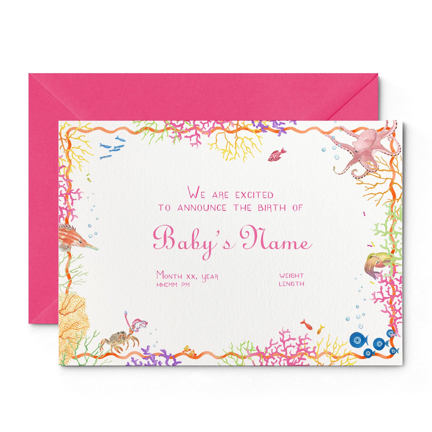 Image of Clementina Sketchbook's coral reef printed birth announcement, with a multicoloured coral border, pink personalised text and a pink envelope.