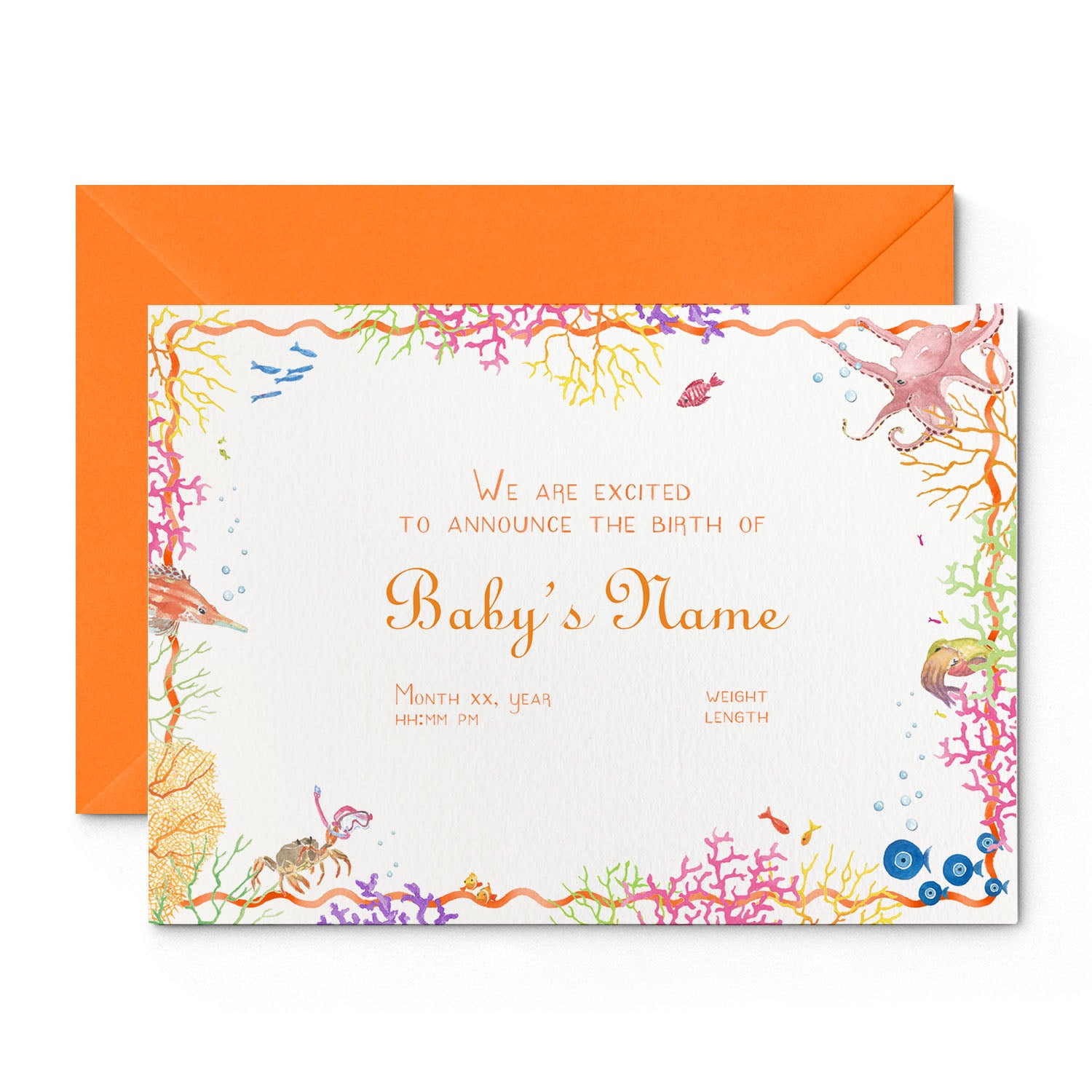 Image of Clementina Sketchbook's coral reef printed birth announcement, with a multicoloured coral border, orange personalised text and an orange envelope.