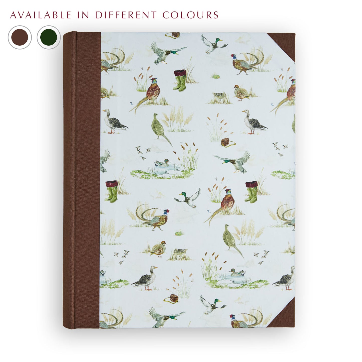 Countryside Birds Photo Album with Brown binding, hand-painted countryside bird design, personalised holiday photo album handmade in Italy.