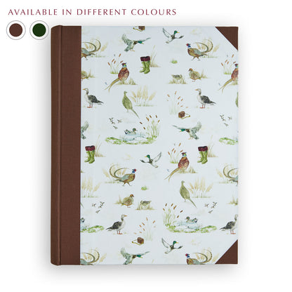 Countryside Birds Photo Album with Brown binding, hand-painted countryside bird design, personalised holiday photo album handmade in Italy.