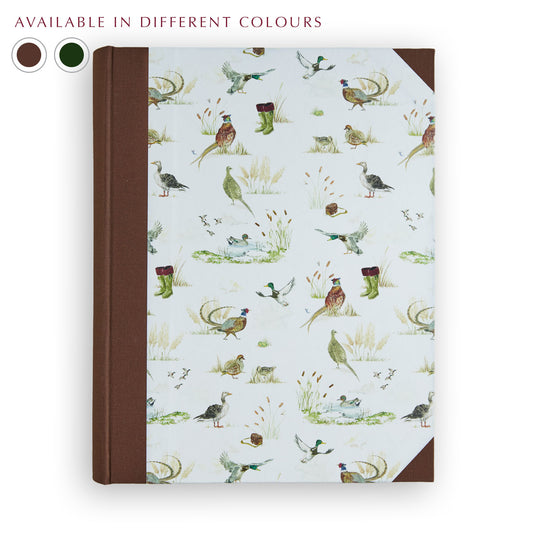 Countryside Birds Photo Album with Brown binding, hand-painted countryside bird design, personalised holiday photo album handmade in Italy.