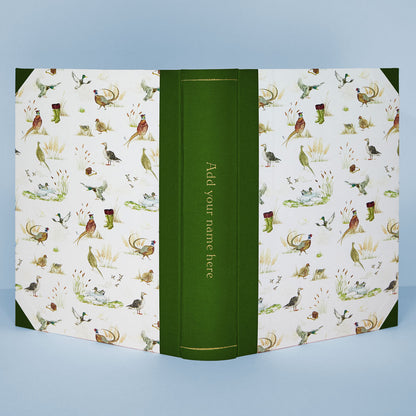 Green Countryside Birds personalised holiday photo album, rustic design inspired by the English countryside.