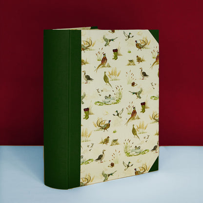 Countryside Birds family photo album with green binding, woodland home decor inspired keepsake handmade in Italy.