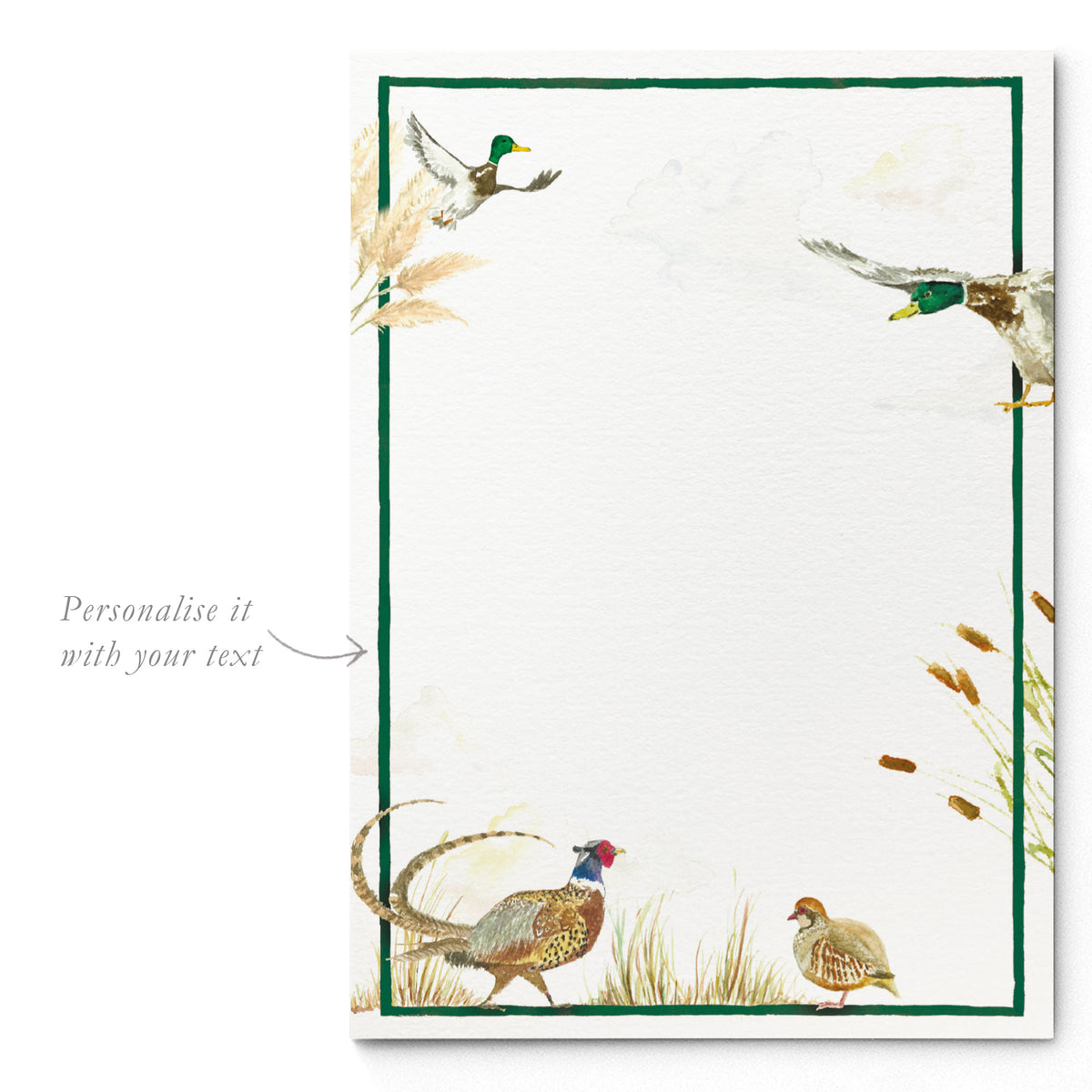 Blank Countryside Birds printed invitation template from Clementina Sketchbook with hand-painted watercolour pheasants and ducks, ready for personalised party text.