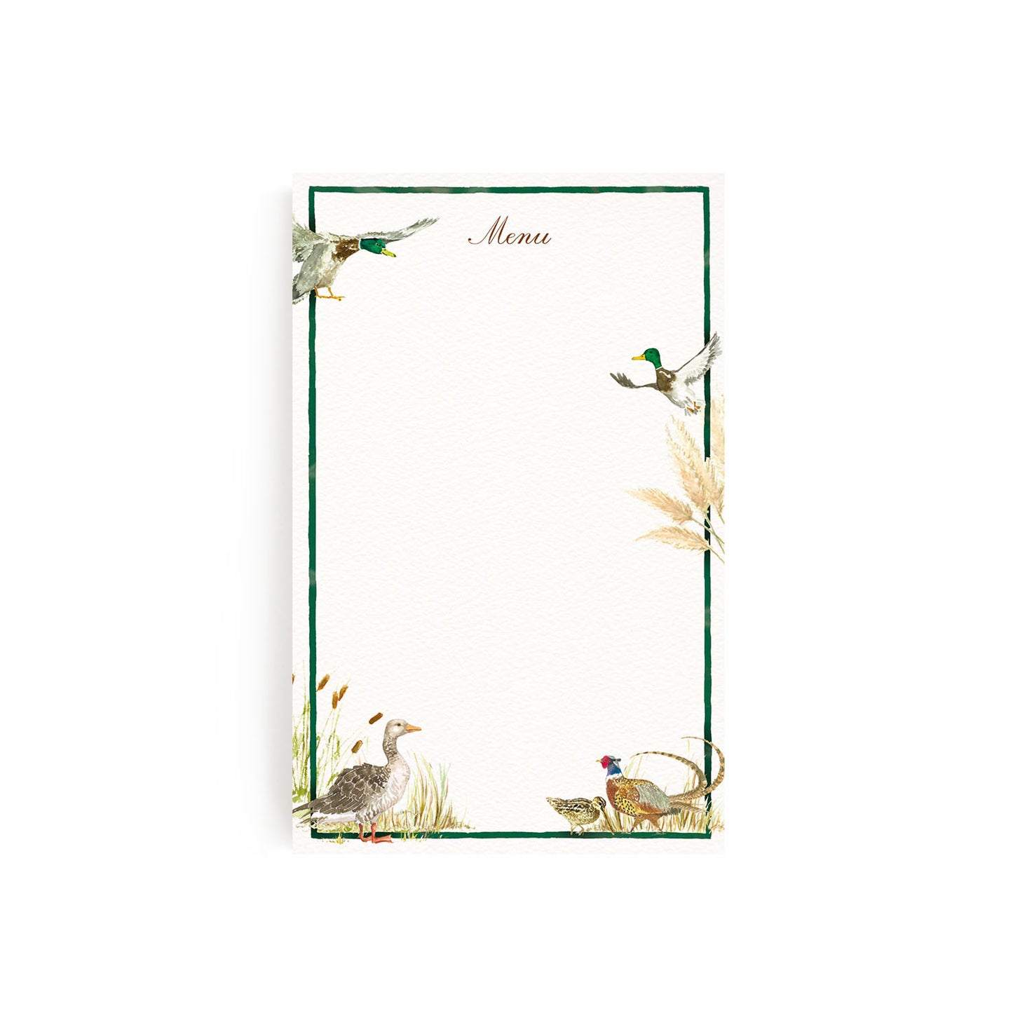 Image of our countryside birds menu left blank without personalised text, the perfect wedding menu. 