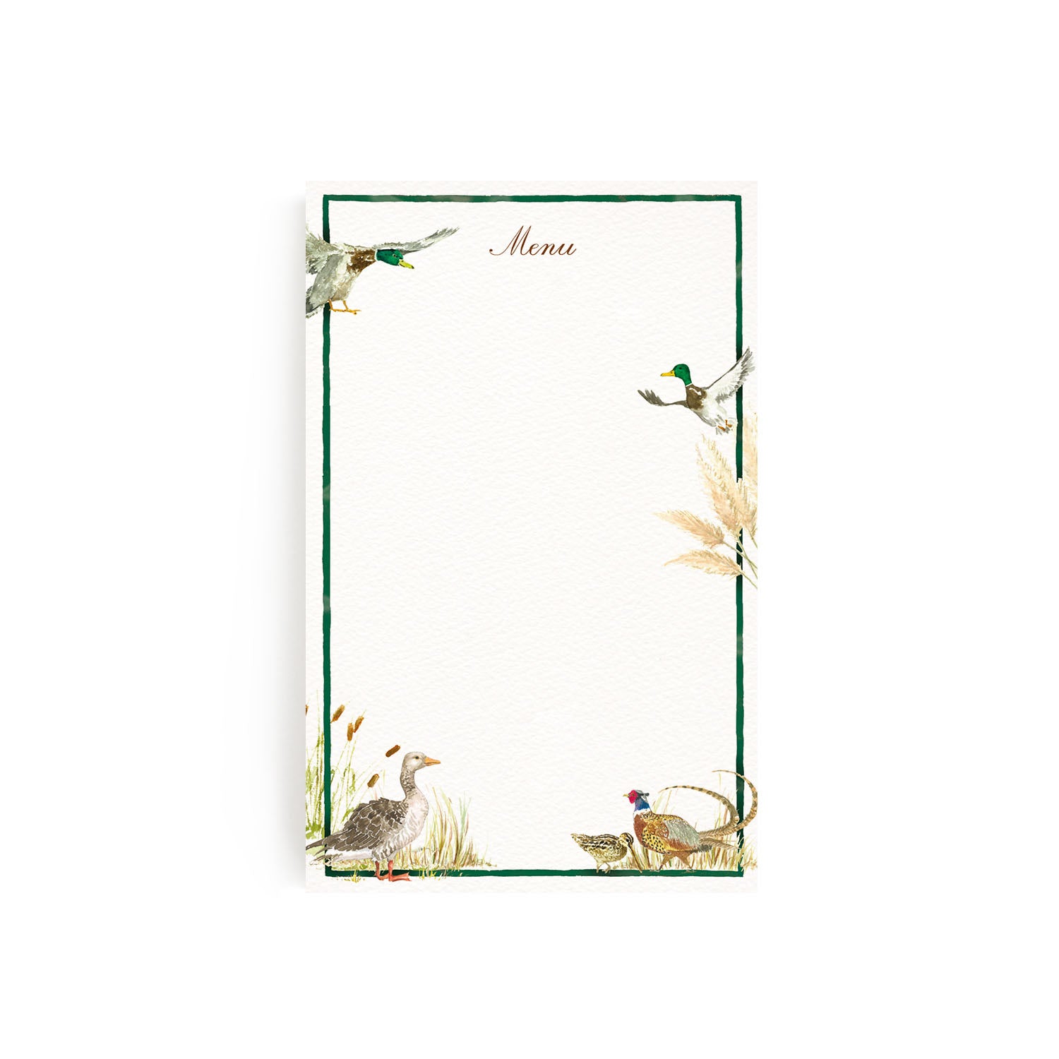 Image of our countryside birds menu left blank without personalised text, the perfect wedding menu. 