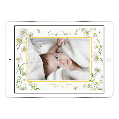 Daisies digital birth announcement from Clementina Sketchbook with baby photo on an iPad screen, featuring hand-painted watercolour daisies and greenery with a soft yellow frame and personalised newborn details.