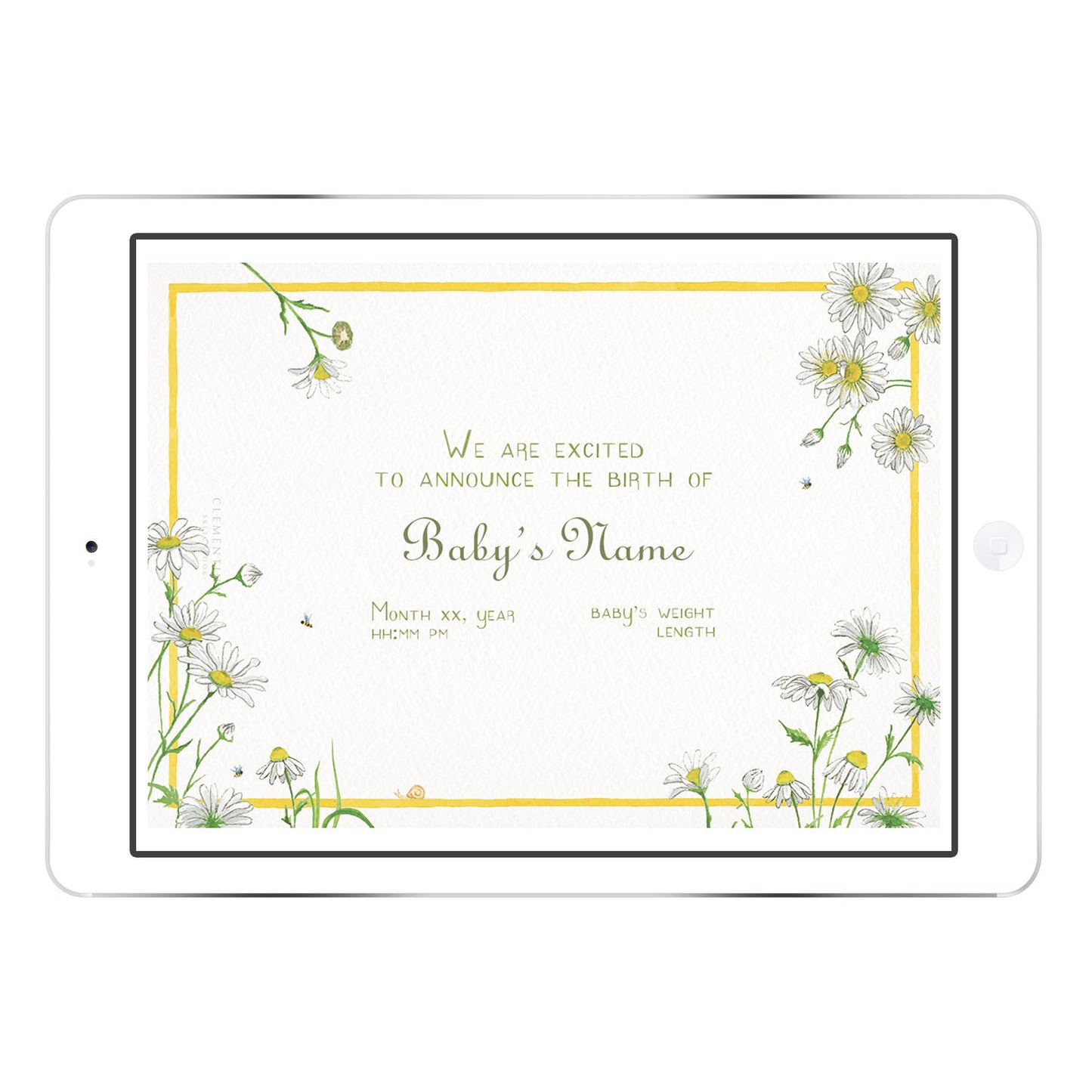 Blank Daisies digital birth announcement template from Clementina Sketchbook with a border of watercolour daisies and greenery and a yellow photo frame, ready for personalised baby details