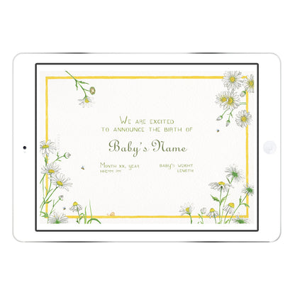 Blank Daisies digital birth announcement template from Clementina Sketchbook with a border of watercolour daisies and greenery and a yellow photo frame, ready for personalised baby details