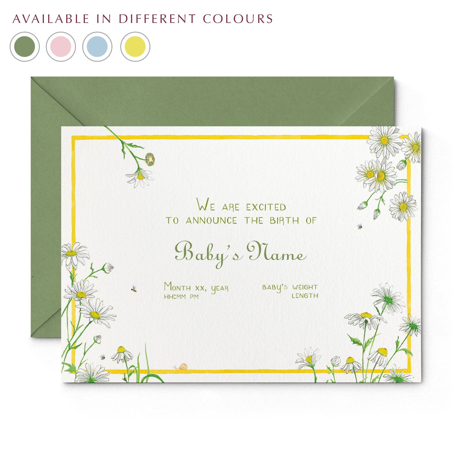 Image of Clementina Sketchbook's daises printed birth announcement with a yellow border, floral detailing and a green envelope. In the corner of the image there is a colour wheel showing the different colours available for this personalised birth announcements: yellow, green, pink and blue.
