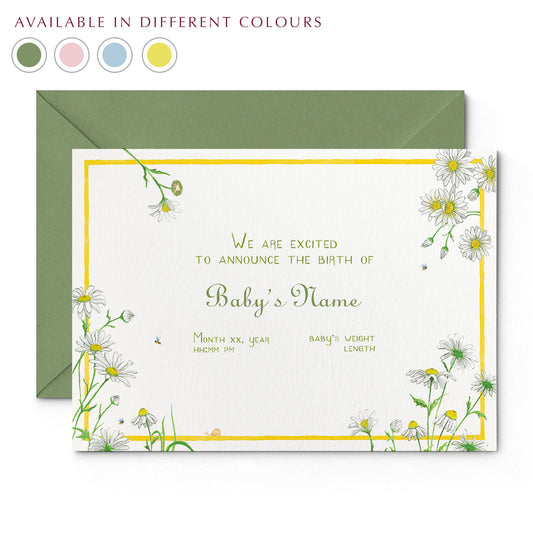 Image of Clementina Sketchbook's daises printed birth announcement with a yellow border, floral detailing and a green envelope. In the corner of the image there is a colour wheel showing the different colours available for this personalised birth announcements: yellow, green, pink and blue.