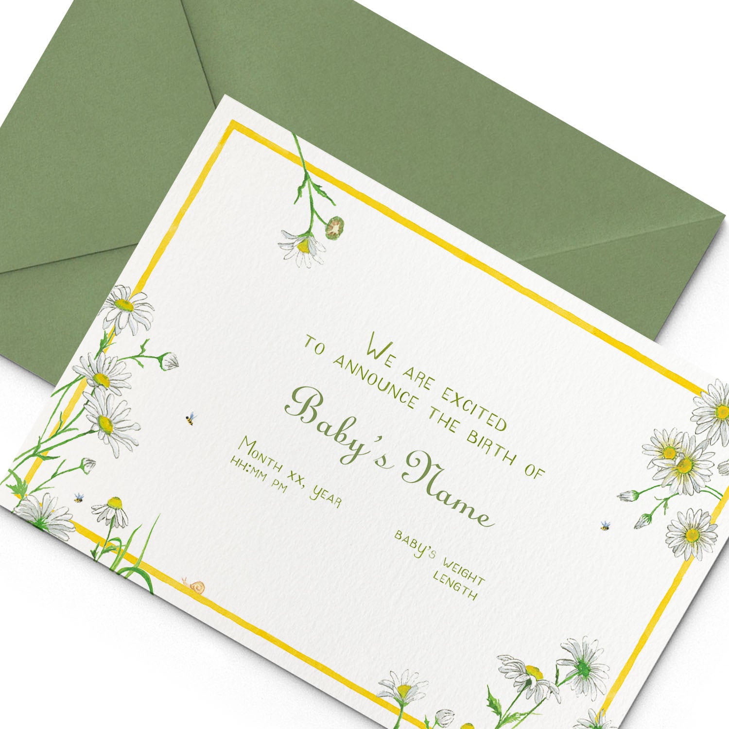 Image of Clementina Sketchbook's daises printed birth announcement with a yellow border, floral detailing and a green envelope