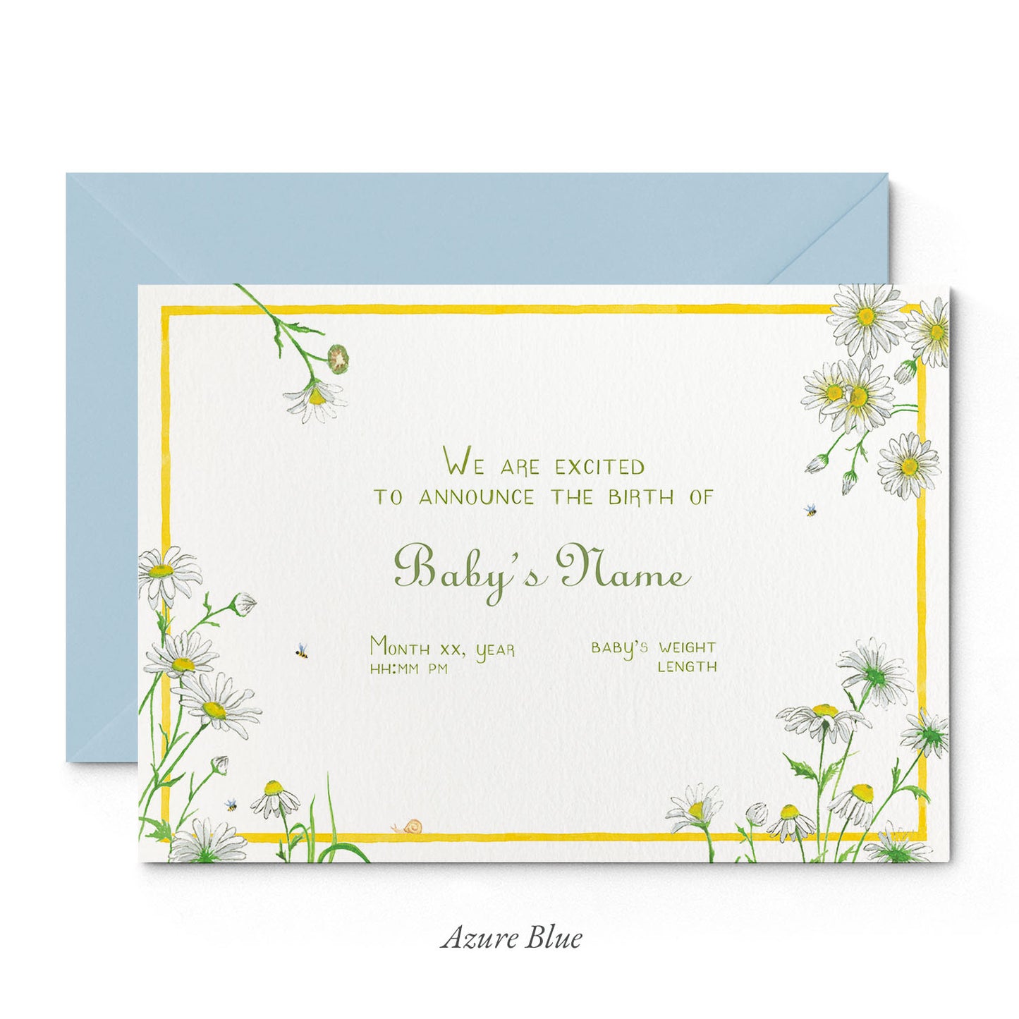 Image of Clementina Sketchbook's daises printed birth announcement with a yellow border, floral detailing and a blue envelope.