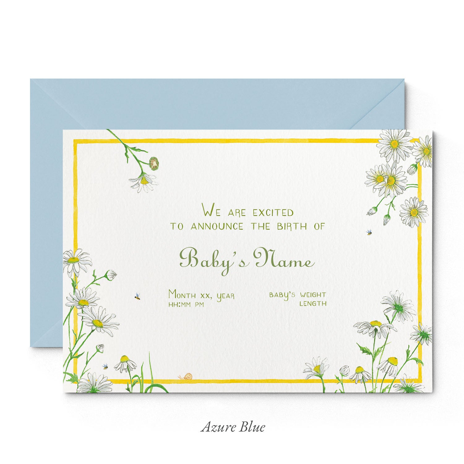 Image of Clementina Sketchbook's daises printed birth announcement with a yellow border, floral detailing and a blue envelope.