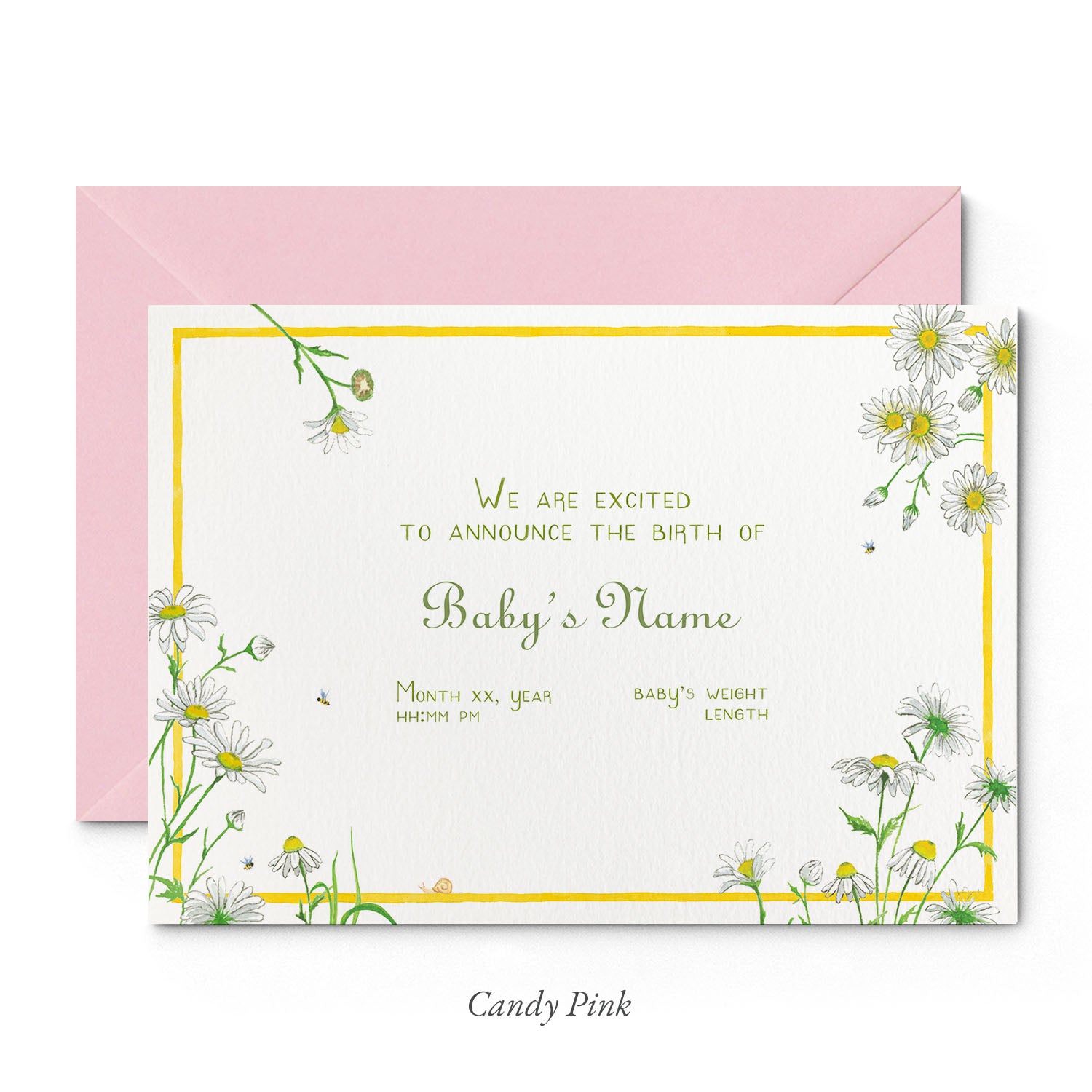 Image of Clementina Sketchbook's daises printed birth announcement with a yellow border, floral detailing and a pink envelope.