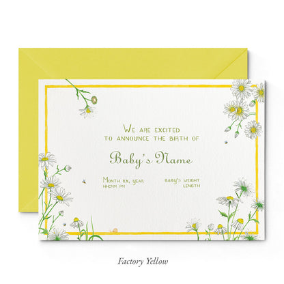 Image of Clementina Sketchbook's daises printed birth announcement with a yellow border, floral detailing and a yellow envelope.