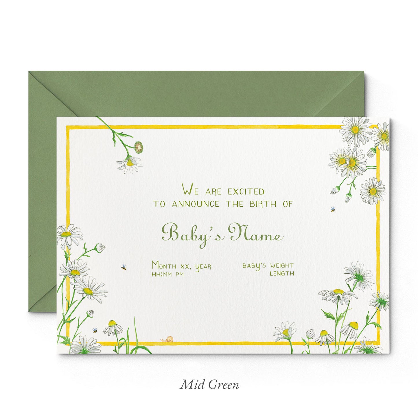 Image of Clementina Sketchbook's daises printed birth announcement with a yellow border, floral detailing and a green envelope.