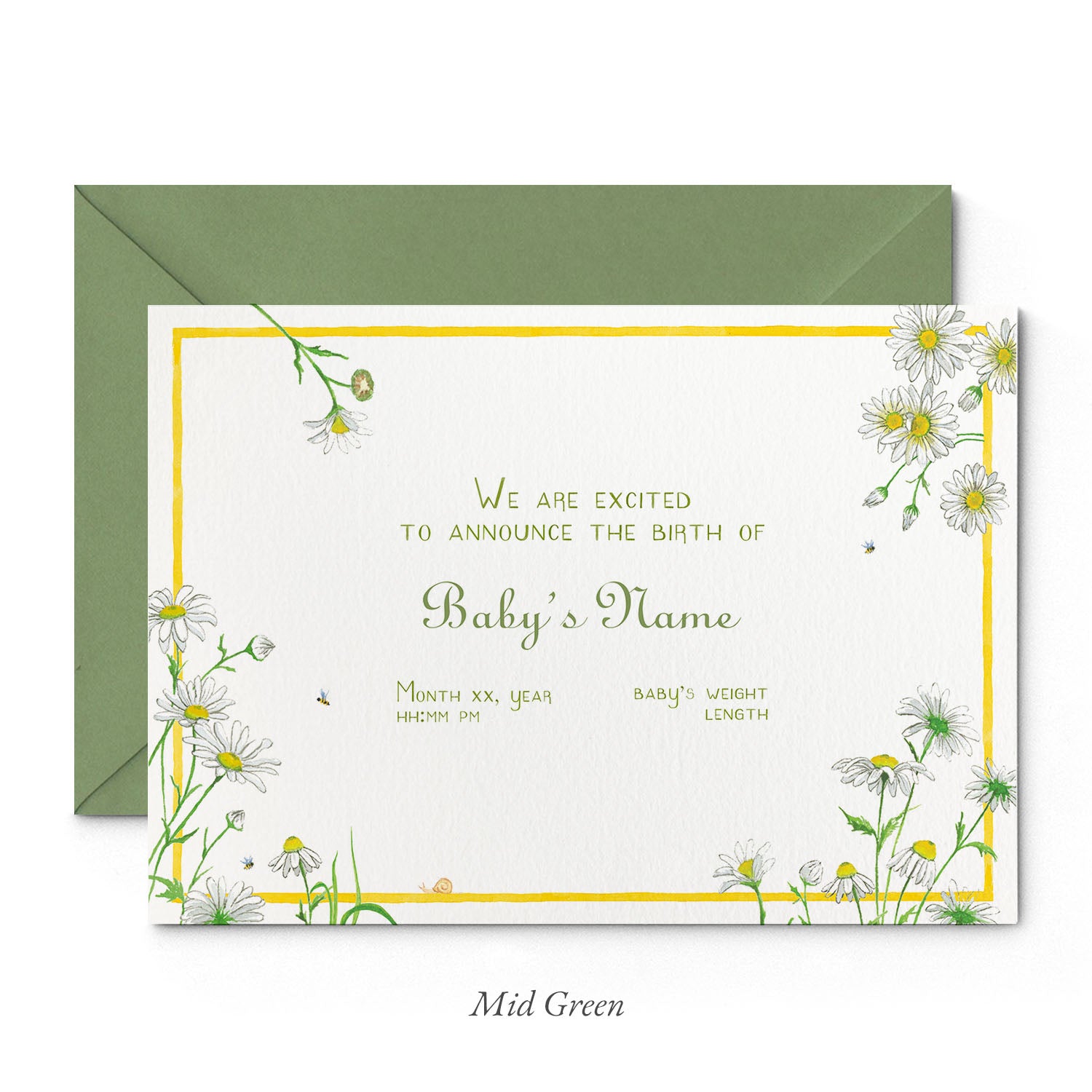 Image of Clementina Sketchbook's daises printed birth announcement with a yellow border, floral detailing and a green envelope.