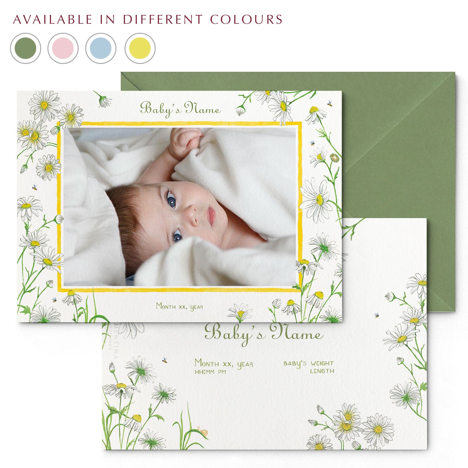 Image of both sides of Clementina Sketchbook's daisies printed birth announcement with a floral yellow border, personalised text, space for a baby photo to be stuck and a green envelope. In the corner of the image is a colour wheel showing the different colours the personalised birth announcement is available in: green, yellow, pink and blue.
