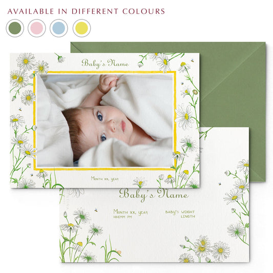 Image of both sides of Clementina Sketchbook's daisies printed birth announcement with a floral yellow border, personalised text, space for a baby photo to be stuck and a green envelope. In the corner of the image is a colour wheel showing the different colours the personalised birth announcement is available in: green, yellow, pink and blue.