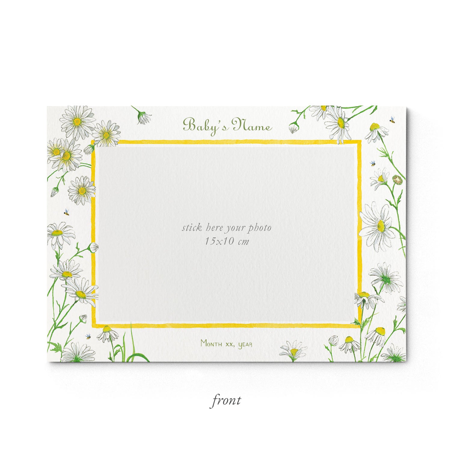 Image of the front of Clementina Sketchbook's daises printed birth announcement with a safari animal border and space for a baby photo to be stuck.