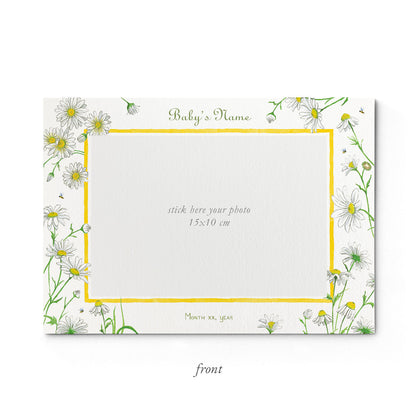 Image of the front of Clementina Sketchbook's daises printed birth announcement with a safari animal border and space for a baby photo to be stuck.