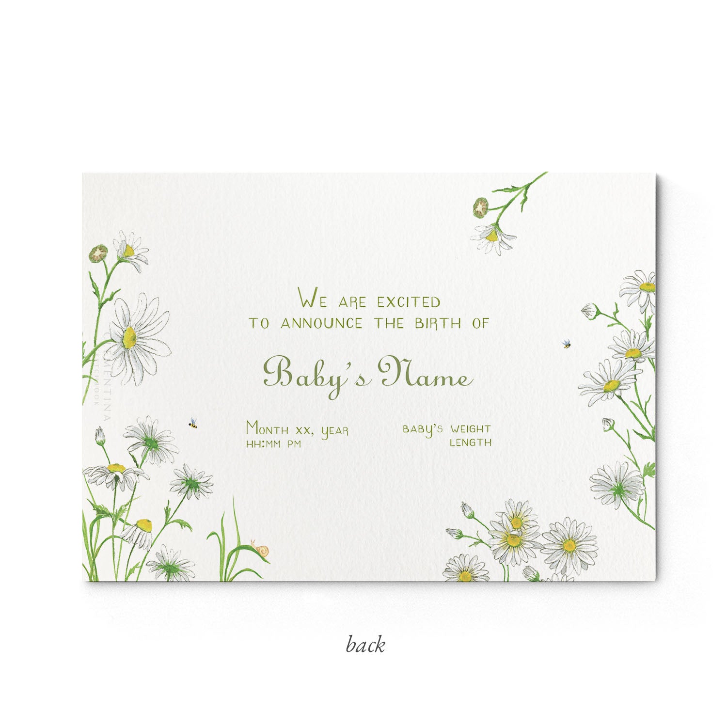 Image of the back of Clementina Sketchbook's daises printed birth announcement with a safari animal border and space for personalised text.