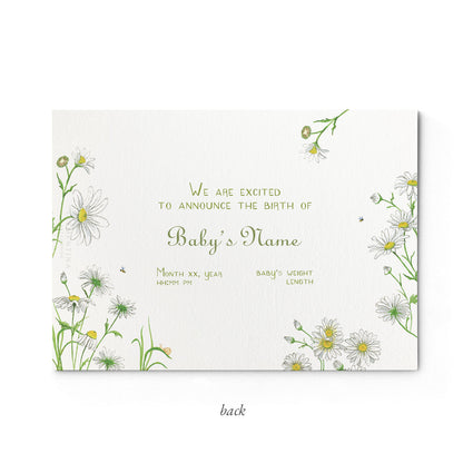 Image of the back of Clementina Sketchbook's daises printed birth announcement with a safari animal border and space for personalised text.
