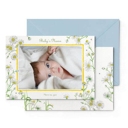 Image of both sides of Clementina Sketchbook's little African world printed birth announcement with a safari animal border, personalised text, space for a baby photo to be stuck and a blue envelope.