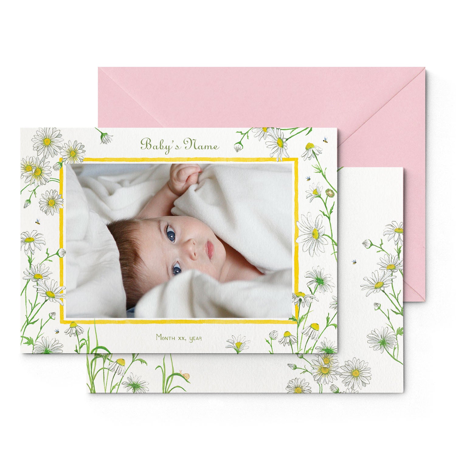 Image of both sides of Clementina Sketchbook's little African world printed birth announcement with a safari animal border, personalised text, space for a baby photo to be stuck and a pink envelope.
