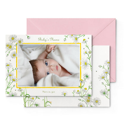 Image of both sides of Clementina Sketchbook's little African world printed birth announcement with a safari animal border, personalised text, space for a baby photo to be stuck and a pink envelope.