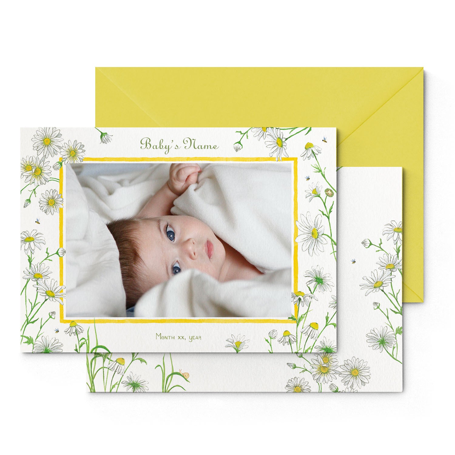 Image of both sides of Clementina Sketchbook's daises printed birth announcement with a safari animal border, personalised text, space for a baby photo to be stuck and a yellow envelope.