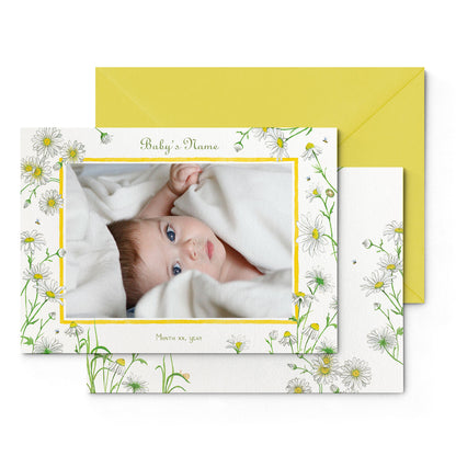 Image of both sides of Clementina Sketchbook's daises printed birth announcement with a safari animal border, personalised text, space for a baby photo to be stuck and a yellow envelope.