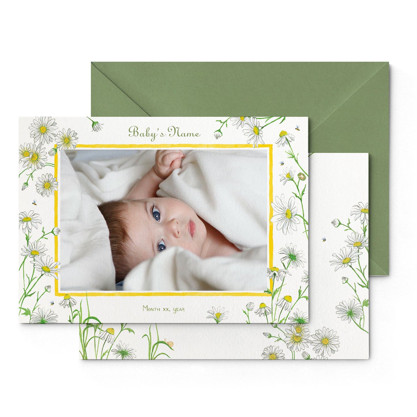 Image of both sides of Clementina Sketchbook's daisies printed birth announcement with a floral yellow border, personalised text, space for a baby photo to be stuck and a green envelope.