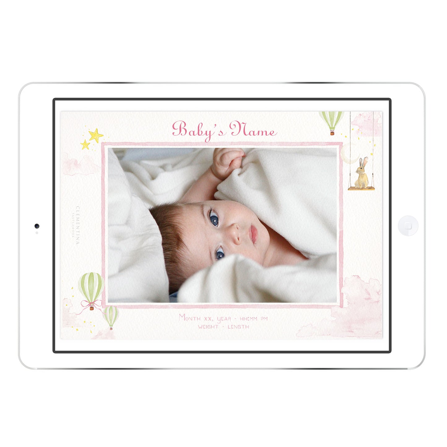 Hot Air Balloons digital birth announcement with baby’s photo in a pink palette, hand-painted watercolour balloons and stars, personalised with newborn details.