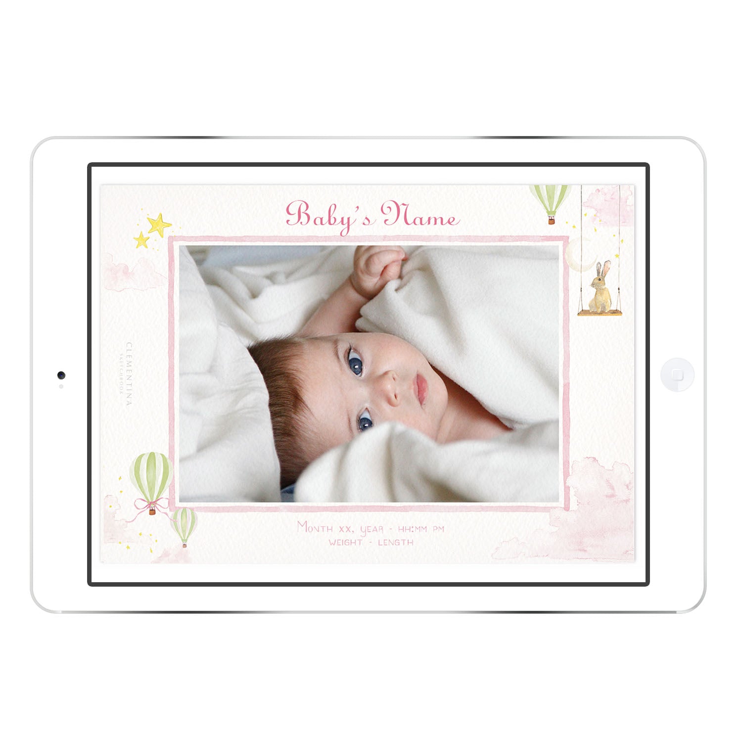 Hot Air Balloons digital birth announcement with baby’s photo in a pink palette, hand-painted watercolour balloons and stars, personalised with newborn details.