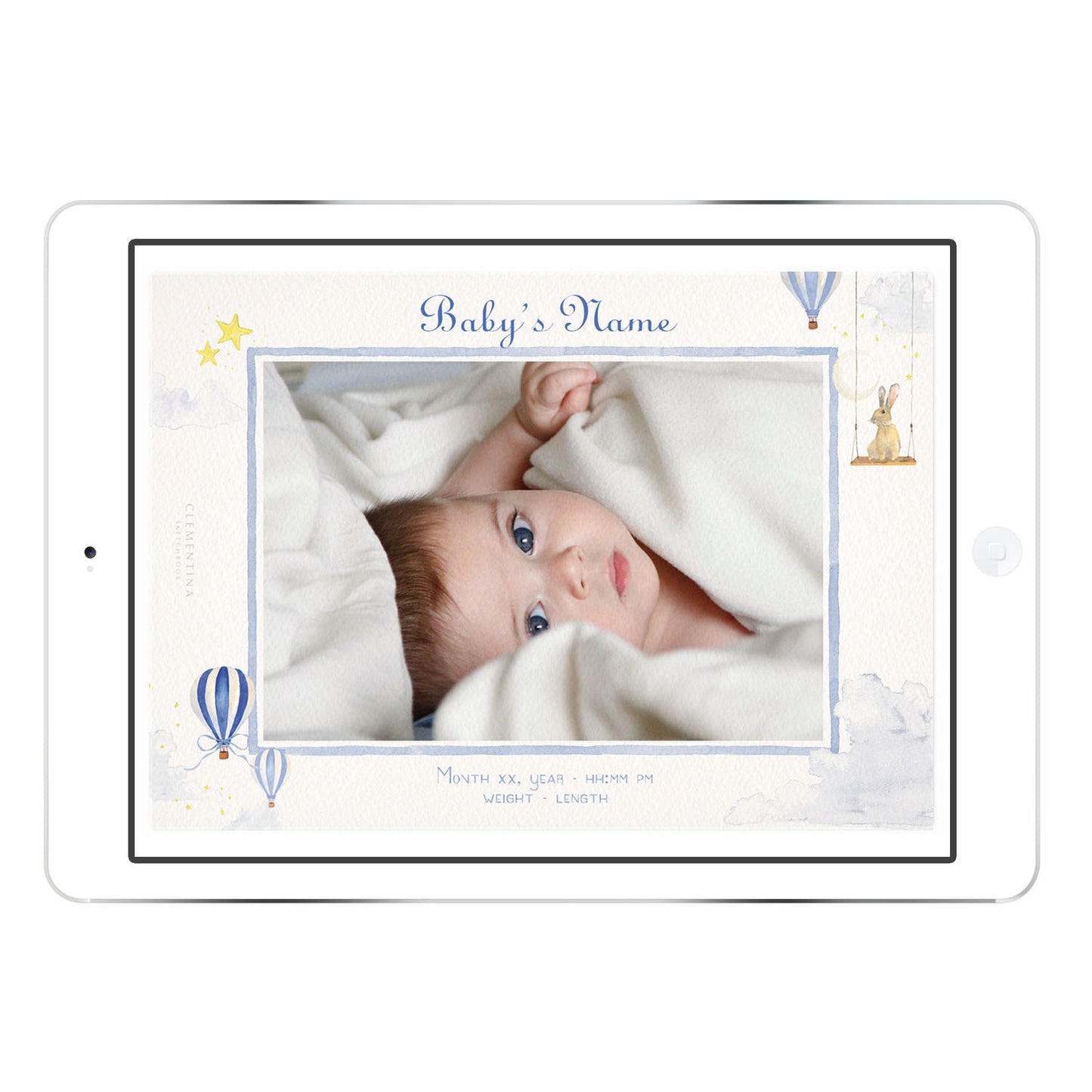 Hot Air Balloons digital birth announcement with baby’s photo in a blue palette, hand-painted watercolour balloons and stars, personalised with birth information.