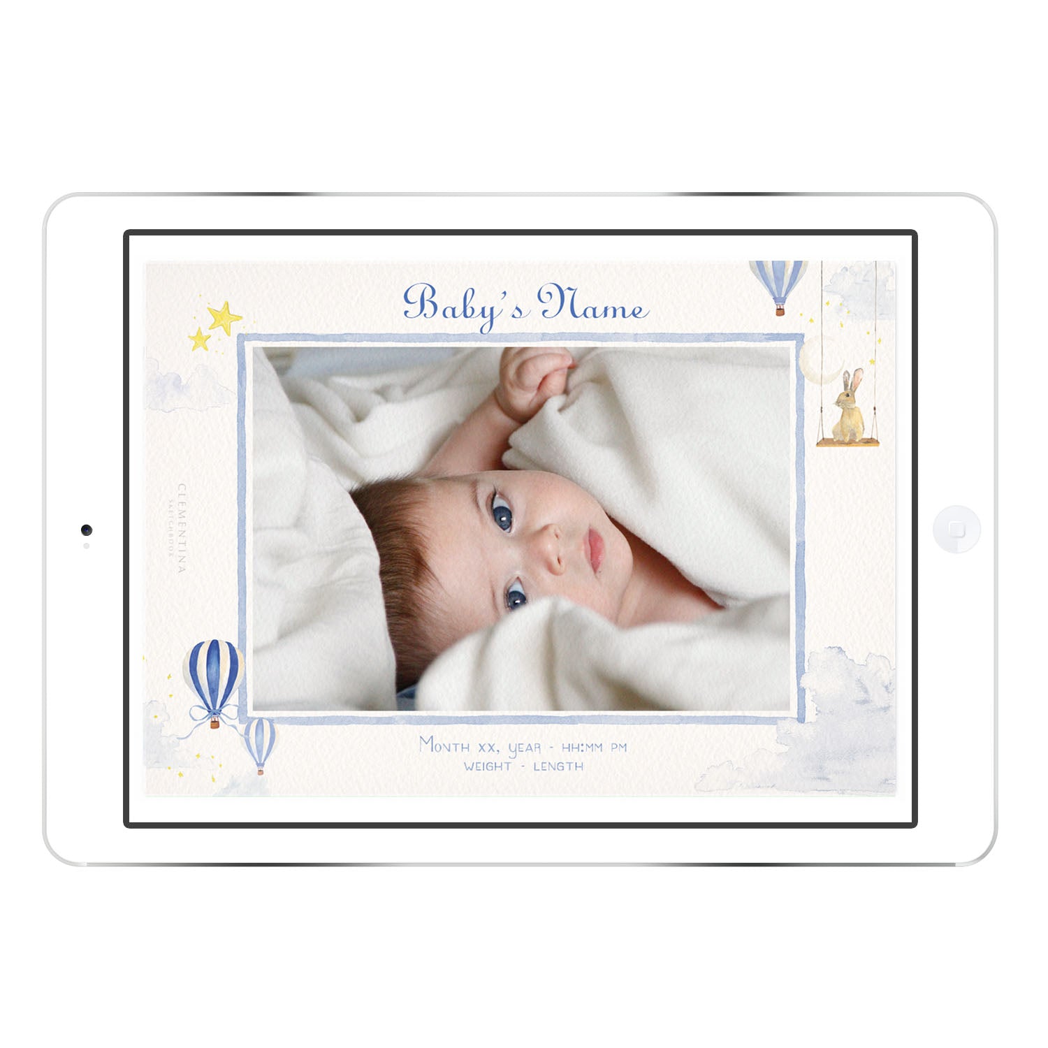 Hot Air Balloons digital birth announcement with baby’s photo in a blue palette, hand-painted watercolour balloons and stars, personalised with birth information.