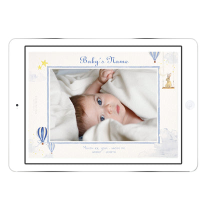 Hot Air Balloons digital birth announcement with baby’s photo in a blue palette, hand-painted watercolour balloons and stars, personalised with birth information.